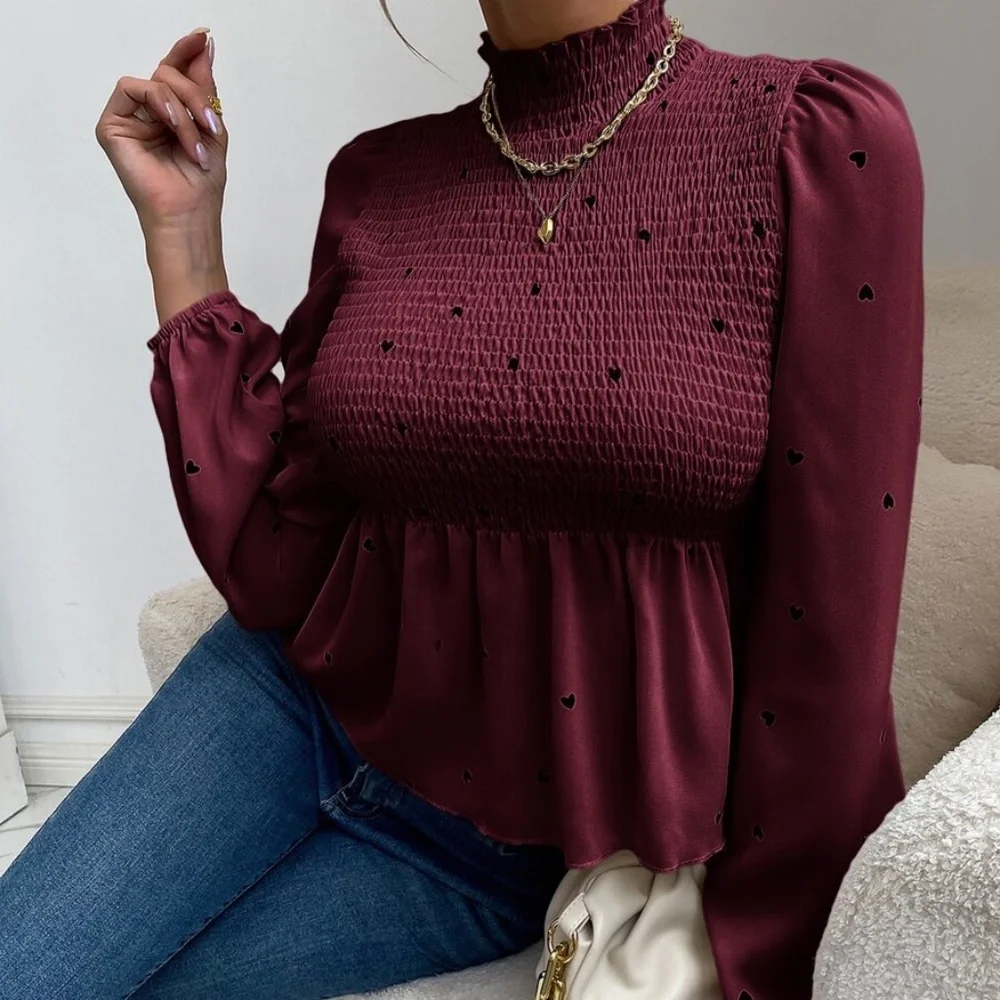 Boho Burgundy Red Heart Print Frill Neck Top - Picture 2 of 7